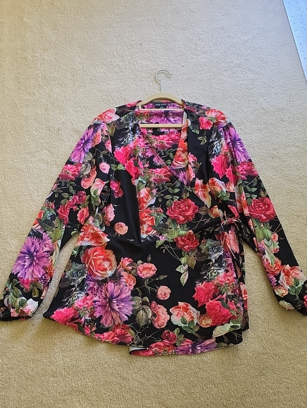 City Chic Black Floral Wrap Top with Pink & Purple Blooms